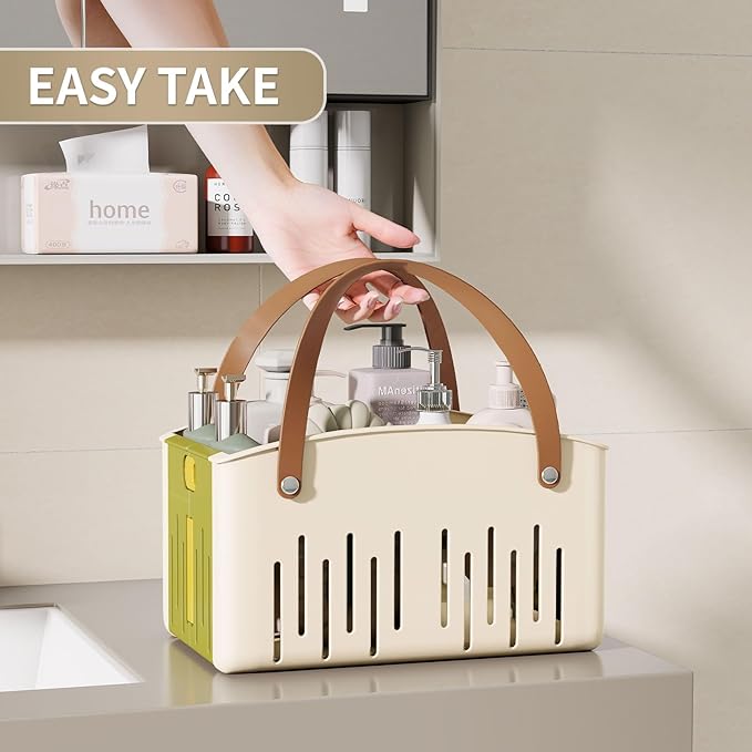 Portable Shower Caddy,Foldable Shower Caddy with Handle and Adjustable Divider,Plastic Shower Storage Basket,Quick Dry Bathroom Shower Organizer Bin for College,Dorm Room,Travel Essentials (Green)