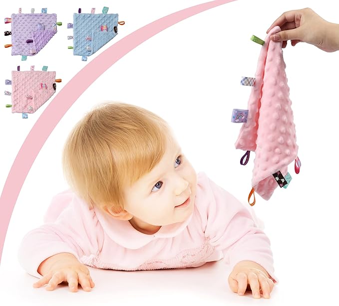 CREVENT Tag Security Blankets for Babies, Soft Small Loveys for Girls, Baby Comforter Sensory Blanket, Great Gifts for Birthday Baby Shower (10"X10" Purple Tag)