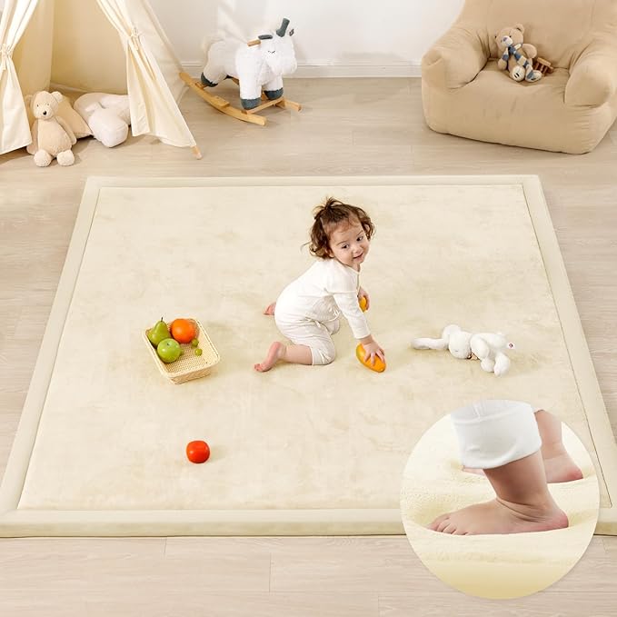 1.3" Thick Baby Floor Play Mat, 50x74 Padded Foam Tummy Time Crawling Mat, Non-Slip Water-Repellent Soft Plush Nursey Area Rug for Playroom Bedroom Living Room (Ivory)