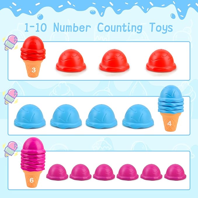 Ice Cream Counting and Color Sorting Stacking Toys for Kids Boys Girls Age 3-5,Montessori Preschool Kindergarten Learning Activities Fine Motor Skill Toys, Number Math Games Learning Toy Gifts