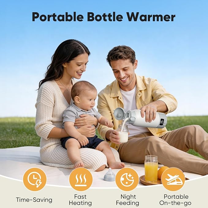 Portable Bottle Warmer for Travel, Fast Heating Milk Warmer On The Go, 17 OZ Water Warmer for Breast Milk, Formula, Water, Temp Control 98°F -131°F, Baby Essentials for Outdoor Airplane Car Journey