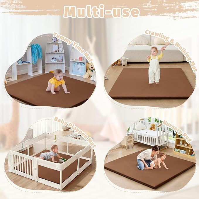 Waterproof Baby Play Mat for Floor 1.3" Thick Memory Foam 59 * 59 Cushion Playpen Playmat Tummy Time Nursery Rug Pad Mattress Create Soft & Safe Area for Infants,Toddler,Kids,Chestnut