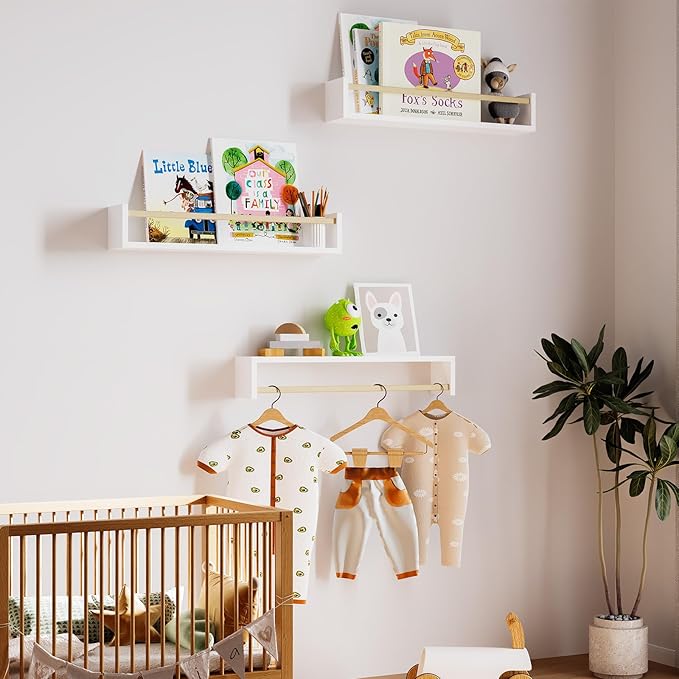 Fixwal Nursery Bookshelves, 16.5 Inch Floating Shelves for Wall Set of 3, Kids Bookshelf for Bedroom, Baby Nursery Decor (White and Natural)