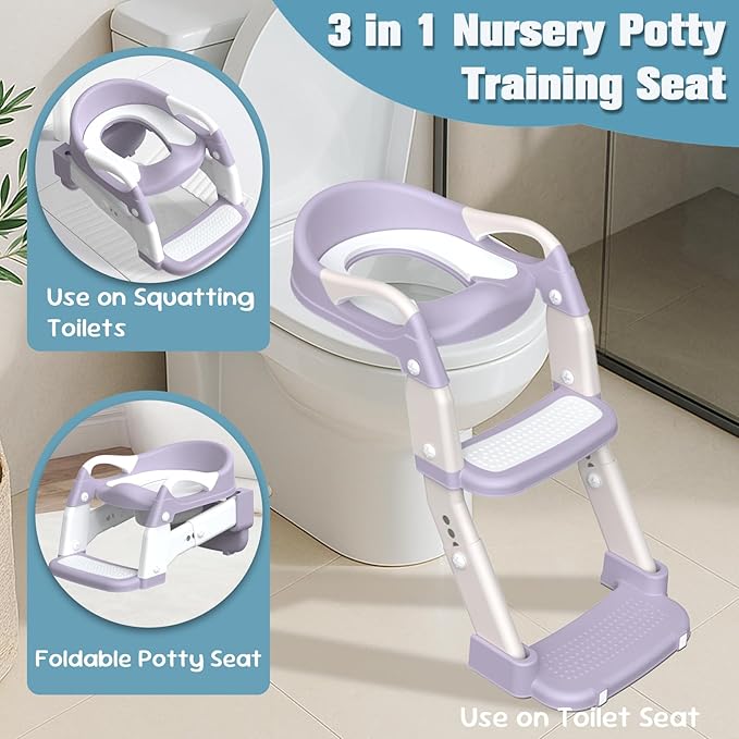 Potty Training Seat, Toddler Potty Training Toilet with Step Stool Ladder for Kids Boys Girls, 3 in 1 Foldable Toilet Seat Potty Chair with Urinals, Splash Guard, Handles, Anti-Slip Pad,Green