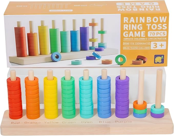 Wooden Color Sorting Stacking Toys, Montessori Toys Rainbow Rings Game, Wooden Sorting & Stacking Toys for Toddlers, Color Recognition Sensory Toy Educational for Ages 3 and Up Boys Girls Gift