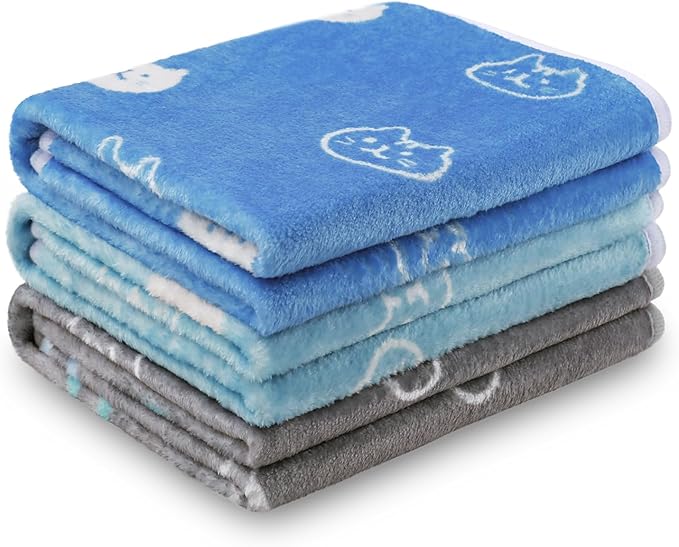 1 Pack 3 Blankets Super Soft Fluffy Premium Cute Cat Pattern Pet Blanket Flannel Throw for Dog Puppy Kitten Blue/Cyan/Grey Large(41x31 inch)