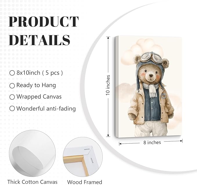 Teddy Bear Nursery Wall Art Decor Vintage Boy Room Pictures Baby Boy Nursery Canvas Wall Decor Blue Vintage Airplane Poster Kids Travel Aviation Prints for Playroom Bedroom 8x10x5 Inch Wrapped Canvas