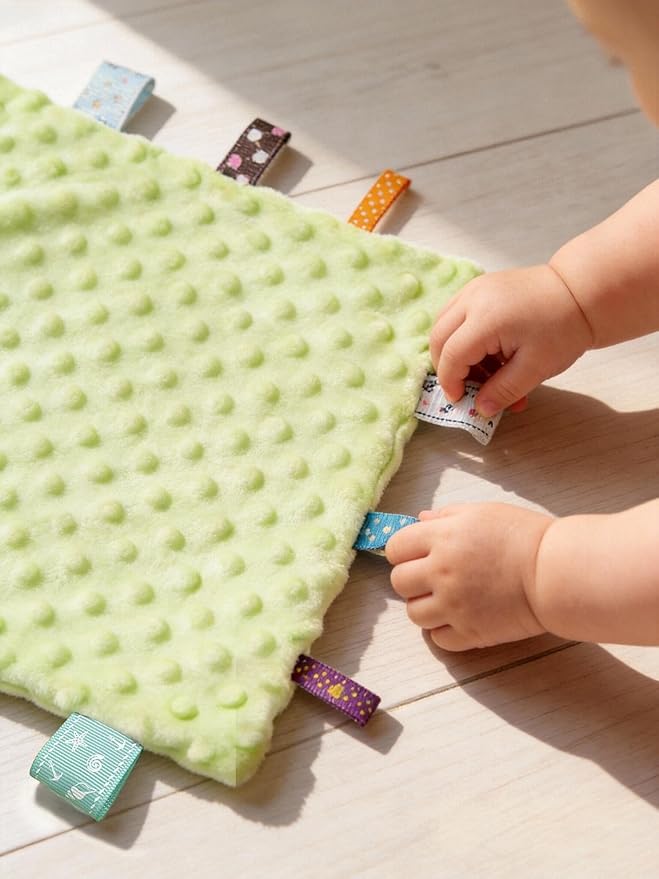 CREVENT Tag Security Blankets for Babies, Soft Small Loveys for Boys, Baby Comforter Sensory Blanket, Great Gifts for Birthday Baby Shower - 10"X10" Green + Ivory