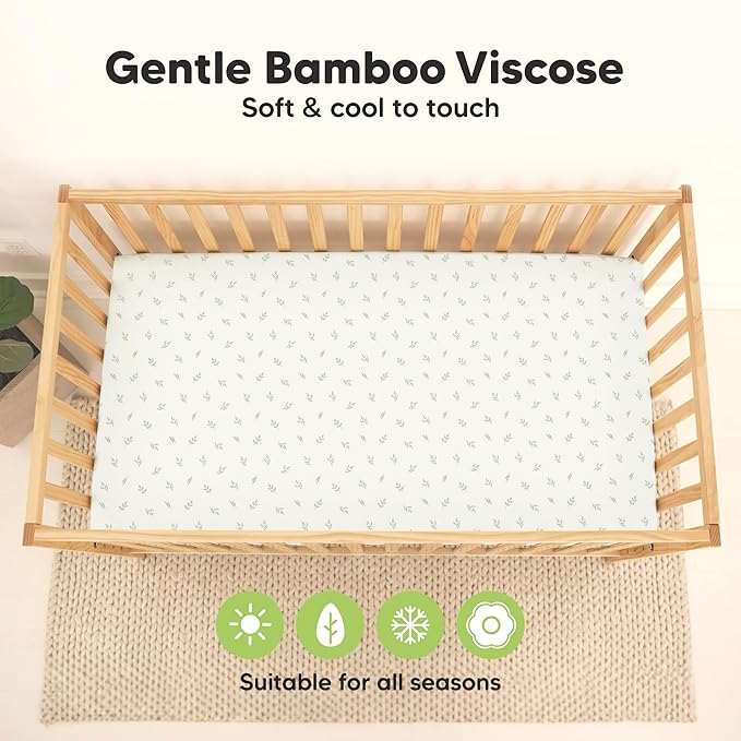 2-Pack Waterproof Baby Crib Sheets for Boys, Girls - 52x28 Viscose Derived from Bamboo Toddler Bed Sheet Neutral, Fitted Crib Mattress Protector Cover for Baby Bedding, Soft & Gentle (Herb)