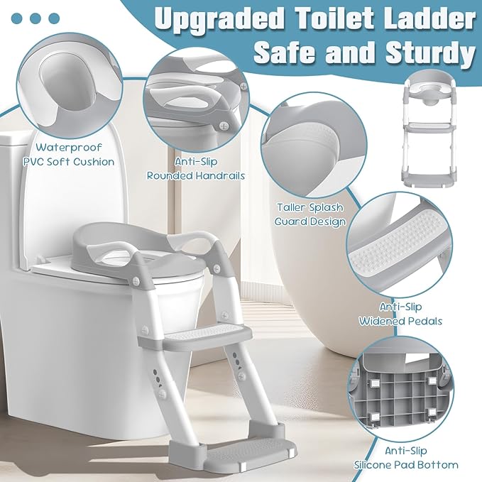 Potty Training Seat, Toddler Potty Training Toilet with Step Stool Ladder for Kids Boys Girls, 3 in 1 Foldable Toilet Seat Potty Chair with Urinals, Splash Guard, Handles, Anti-Slip Pad,Grey