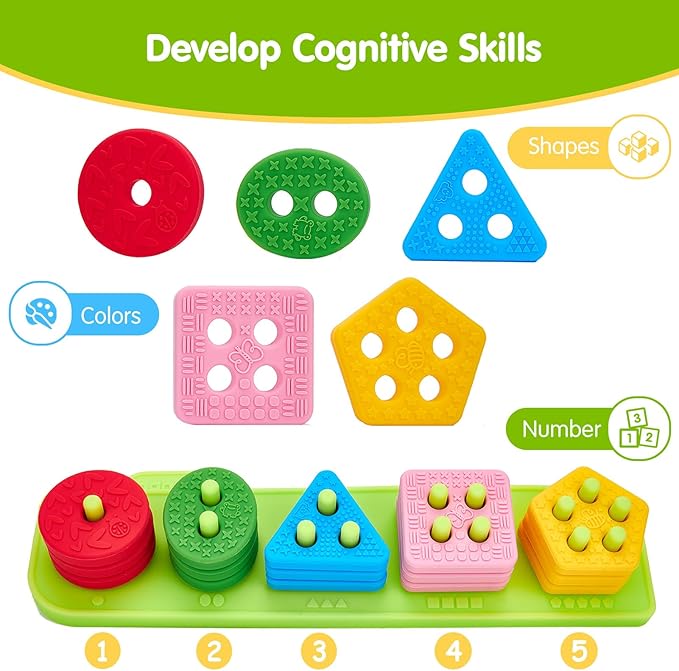 hahaland Silicone Blocks for Toddlers 1-3 - Montessori Toys for 1 Year Old Sensory Toys, Color Sorting and Stacking Toy Soft Textured Educational Learning Toddler Baby Toys 1 Year Old Boy Girl Gifts