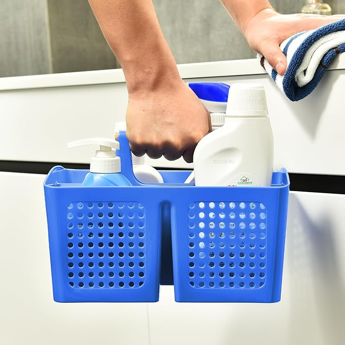 Portable Shower Caddy Basket with Compartments, Plastic Divided Cleaning Caddy Organizer Storage Tote with Handle for Bathroom, College, Dorm Room Essentials, Deep Blue
