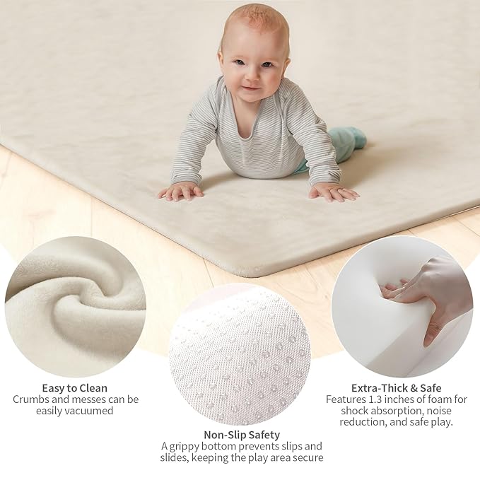 Velvet Baby Play Mat for Floor, 1.3" Thick Elasti-Foam 47"×47" Playpen Mat with Removable & Washable Velvet Cover for Toddler, Infant,Kids, Non-Slip Crawling Mat for Tummy Time (Beige)