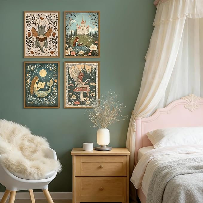 Nursery Fairy Dragon Wall Art Baby Room Reading Book Wall Decor Vintage Girl Dinosaur Canvas Prints Boy Whimsical Fantasy Poster Fairytale Princess Pictures Painting for Bedroom 8x10x4 Inch Unframed