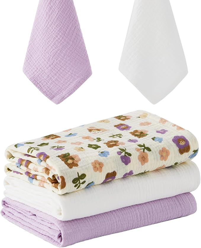 5 Pack Muslin Swaddle Blankets & Baby Burp Cloths, Soft & Breathable Cotton Baby Blankets, Receiving Blankets for Newborn, Nursery Infant Essentials, Swaddling Wrap for Unisex (Purple & White)