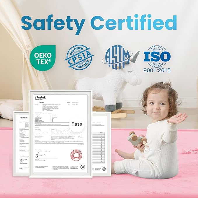 1.3" Thick Baby Floor Play Mat, 50x74 Padded Foam Tummy Time Crawling Mat, Non-Slip Water-Repellent Soft Plush Nursey Area Rug for Playroom Bedroom Living Room (Pink)