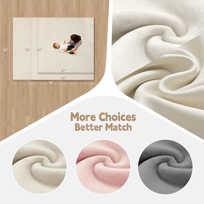 Velvet Baby Play Mat for Floor, 1.3" Thick Elasti-Foam 74"×50" Playpen Mat with Removable & Washable Velvet Cover for Toddler, Infant,Kids, Non-Slip Crawling Mat for Tummy Time (Beige)