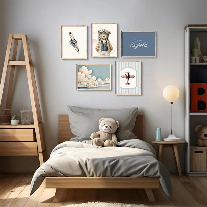 Teddy Bear Nursery Wall Art Decor Vintage Boy Room Pictures Baby Boy Nursery Canvas Wall Decor Blue Vintage Airplane Poster Kids Travel Aviation Prints for Playroom Bedroom 8x10x5 Inch Unframed