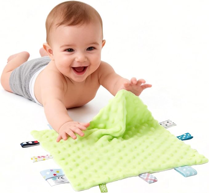 CREVENT Tag Security Blankets for Babies, Soft Small Loveys for Boys, Baby Comforter Sensory Blanket, Great Gifts for Birthday Baby Shower - 10"X10" Green + Purple