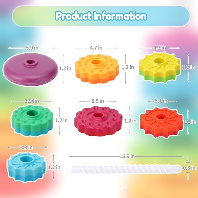 Baby Spinning Stacking Toys, 1-3 Rainbow Ring Stacker Montessori Toys for Babies, Sensory Toys for Toddlers, Christmas and Birthday Gifts Suitable for Boys and Girls (16 inches)