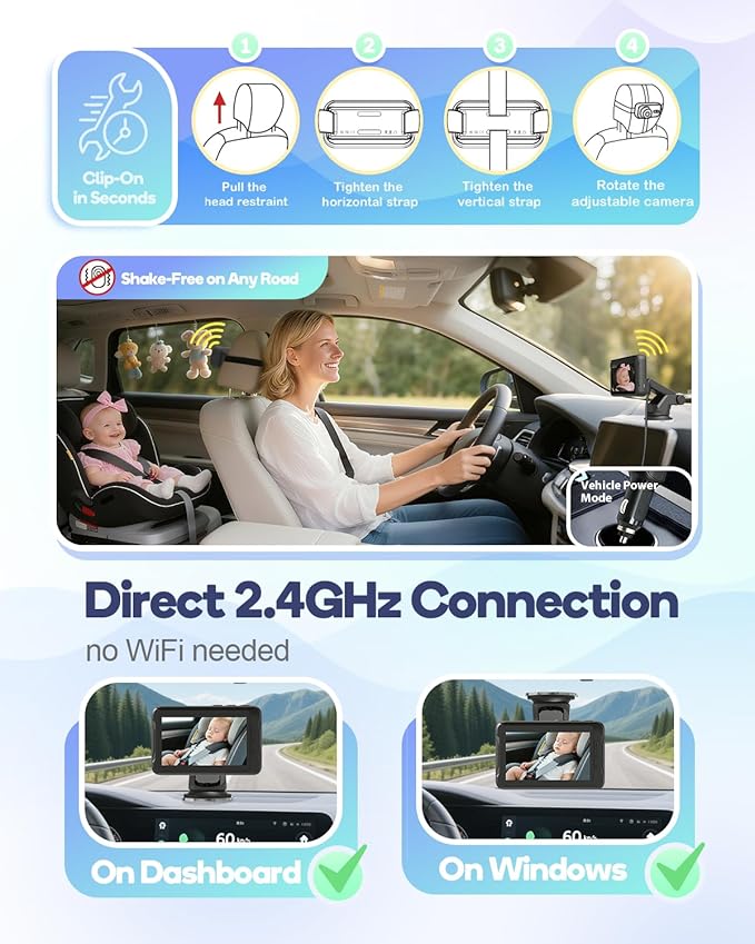Wireless Baby Car Camera, Car Baby Monitor No Wi-Fi Needed, Auto Night Vision IR-Cut Adjustable Lens, Long Battery for Rear-Facing Seat Long Trips, Newborn Travel Essentials