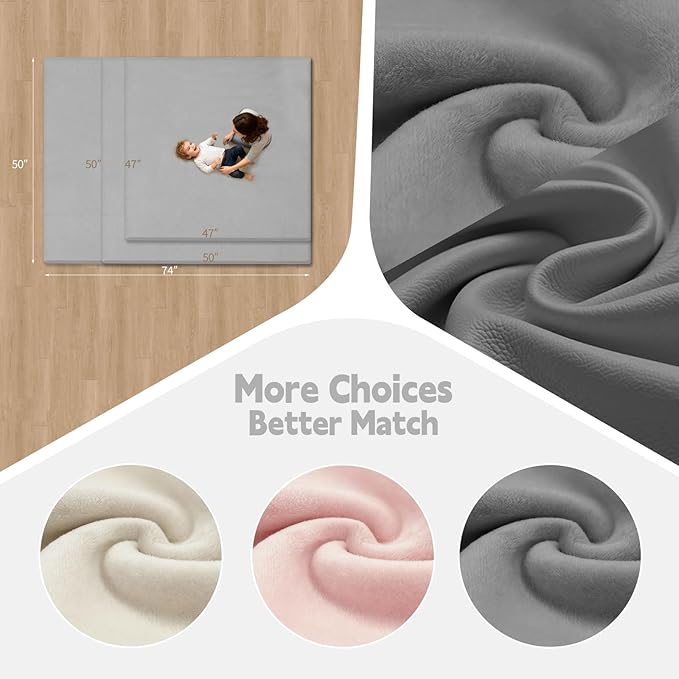 Velvet Baby Play Mat for Floor, 1.3" Thick Elasti-Foam 47"×47" Playpen Mat with Removable & Washable Velvet Cover for Toddler, Infant,Kids, Non-Slip Crawling Mat for Tummy Time (Grey)