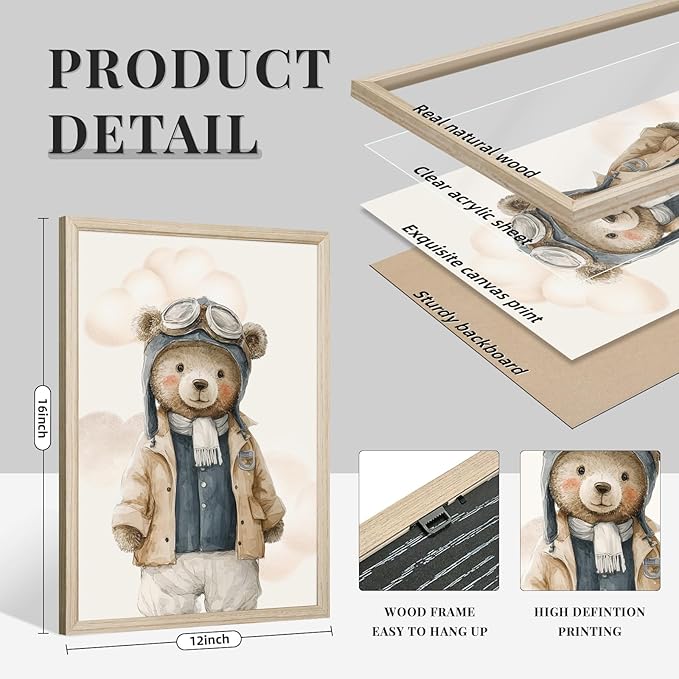 Teddy Bear Nursery Wall Art Decor Vintage Boy Room Pictures Baby Boy Nursery Canvas Wall Decor Blue Vintage Airplane Poster Kids Travel Aviation Prints for Playroom Bedroom 12x16x5 Inch Wood Framed