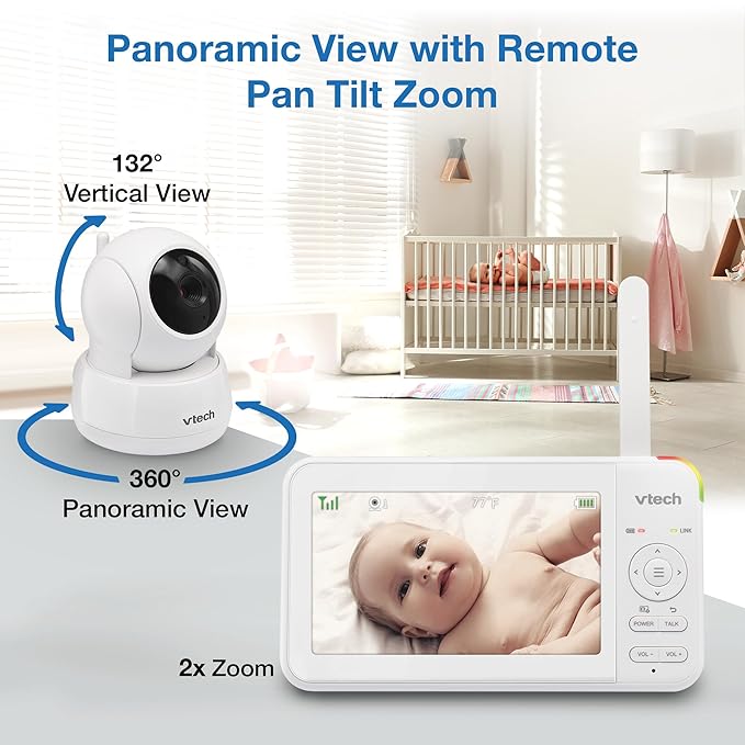 VTech 3 Cameras Video Baby Monitor with 5" LCD Screen,Up to 17Hrs Video & 31Hrs Audio, Night Vision, Pan-Tilt-Zoom, Lullabies, Soothing Sounds, Temperature Sensor,Split Screen, No WiFi: 924-3W