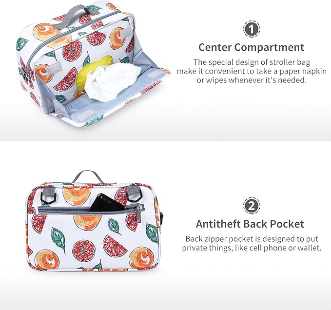 Non-Slip Stroller Organizer Bag for Diapers with Insulated Pocket, Stroller Hooks and Adjustable Strap,Universal Fit Most Strollers, Fruits