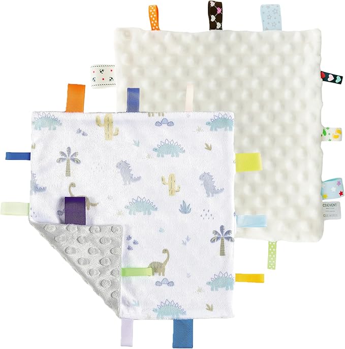 CREVENT Tag Security Blankets for Babies, Soft Small Loveys for Boys, Baby Comforter Sensory Blanket, Great Gifts for Birthday Baby Shower (10"X10" Dino + Ivory)