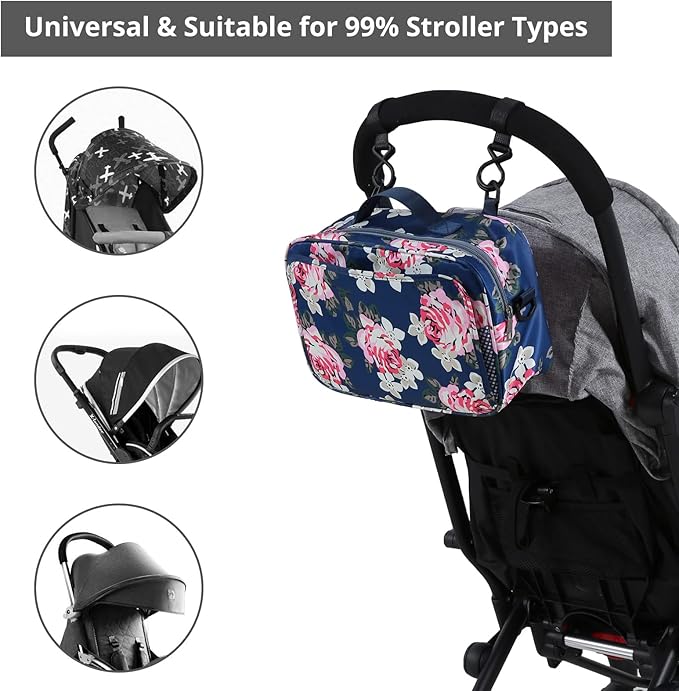 GOGOSO Baby Stroller Organizer Bag with Insulated Pocket, Universal Fit Most Strollers, Space for Diapers, Wipes & Toys Flower