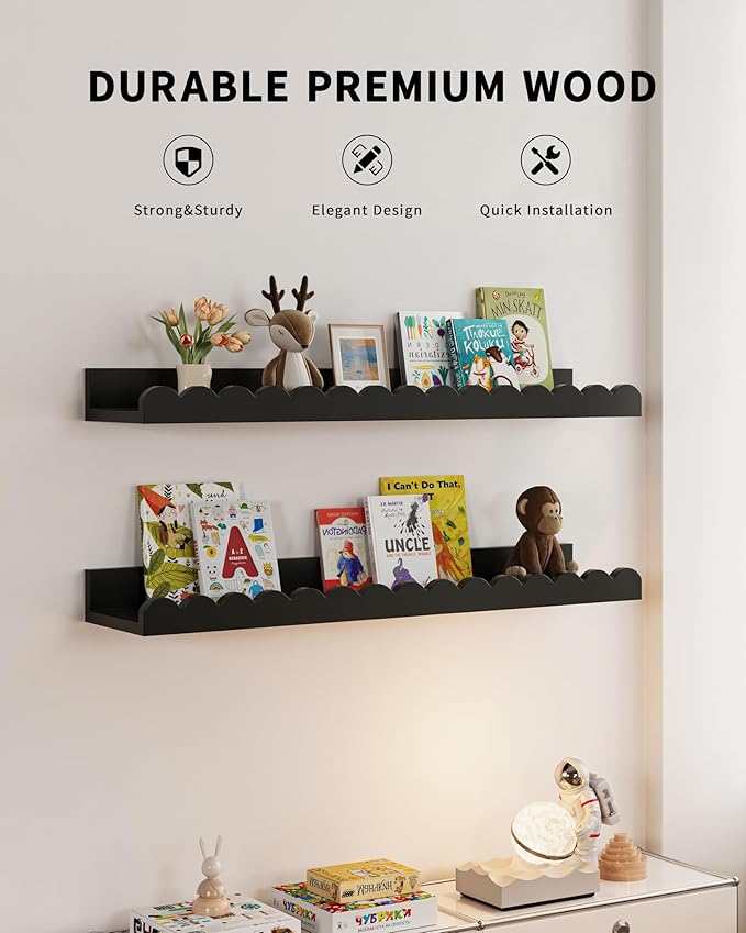 Shario Nursery Book Shelves, 4-Pack Wood Floating Shelves for Wall Kids, Scalloped Shelves, Wall Book Shelves for Bedroom Kids, Toddler Room, Baby Room, Nursery Decor (Black, 23 Inches)