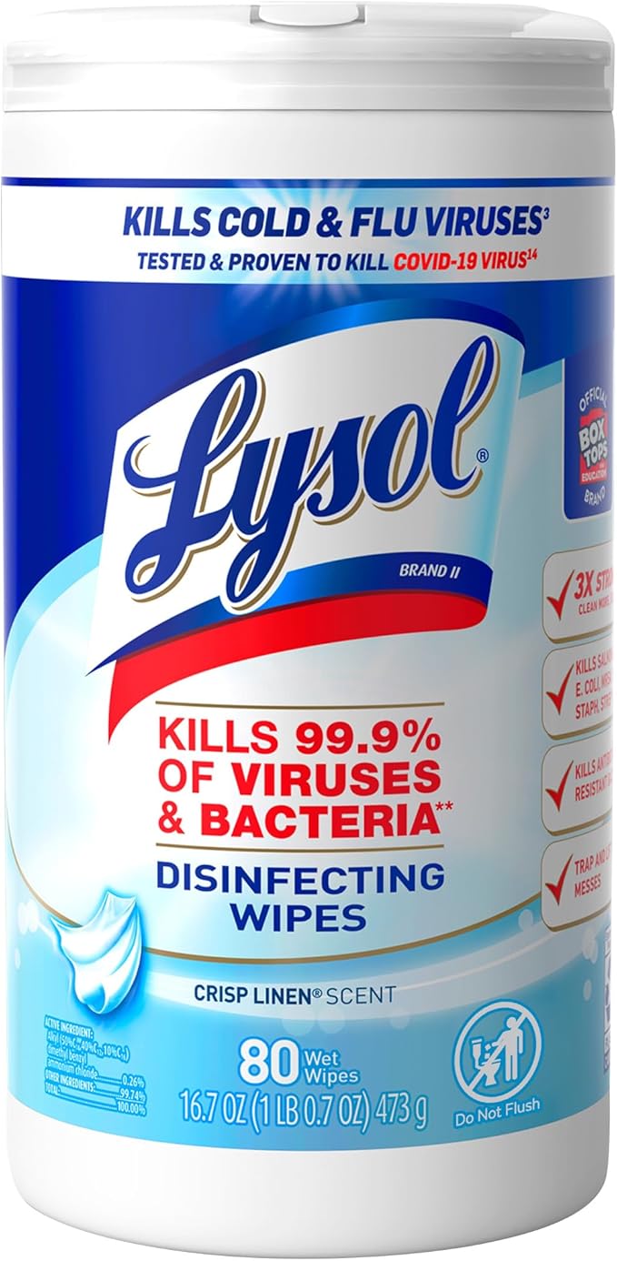 Lysol Disinfectant Wipes, Dorm Room Essentials, Multi-Surface Antibacterial Cleaning Wipes, For Disinfecting and Cleaning, Crisp Linen, 80 Count