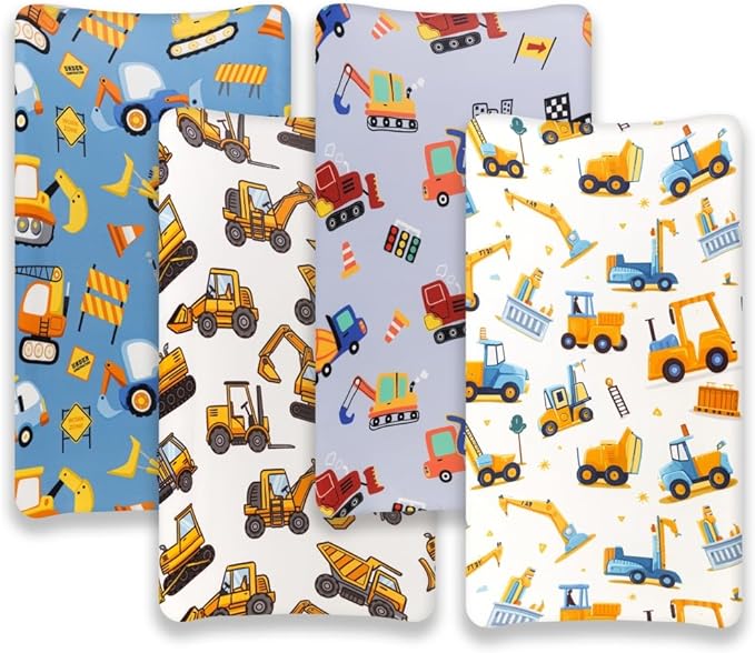4 Pack Baby Boy Changing Pad Covers Sheets Set Soft Fitted Baby Boy Mattress Covers Construction Truck or Dinosaur Theme Breathable Toddler Sheets for Infant (Construction Truck, Changing Pad Covers)