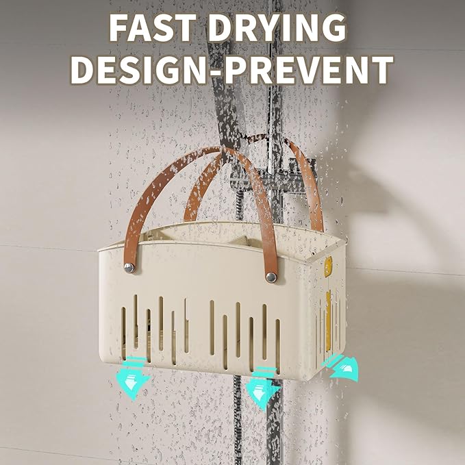 Portable Shower Caddy,Foldable Shower Caddy with Handle and Adjustable Divider,Plastic Shower Storage Basket,Quick Dry Bathroom Shower Organizer Bin for College,Dorm Room,Travel Essentials(Cream)