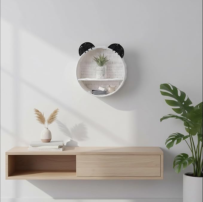 White & Black Bear Wall Shelf, Handwoven Paper Rope Wall-Mounted Floating Display Shelf, Boho Nursery & Kids Room Organizer for Small Books, Toys & Decor
