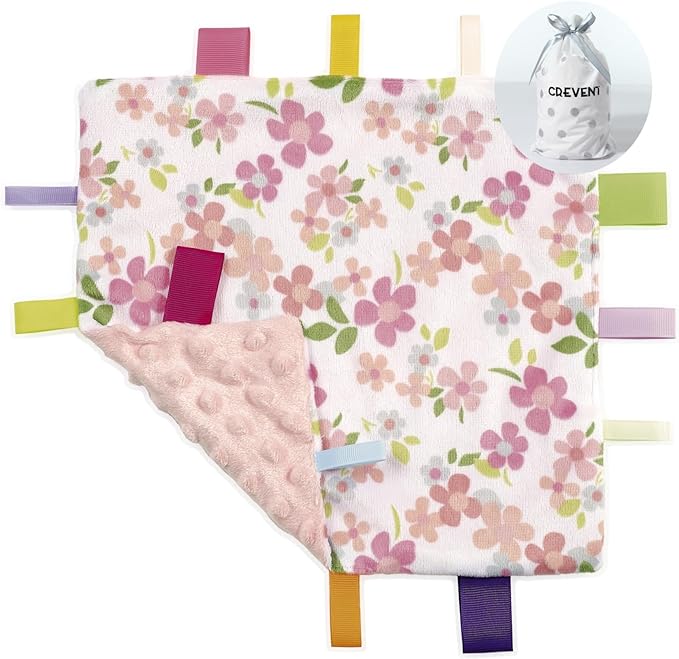 CREVENT Tag Security Blankets for Babies, Soft Small Loveys for Girls, Baby Comforter Sensory Blanket, Great Gifts for Birthday Baby Shower 10"X10" (Wildflow)