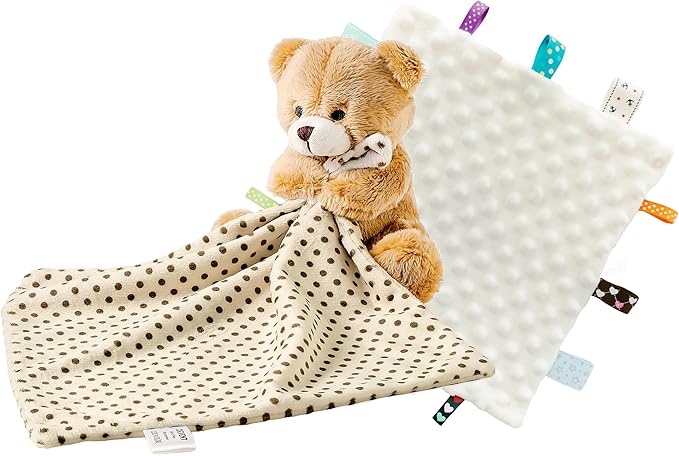 CREVENT Soft Plush Animal Face Security Blankets for Boys and Girls, Great Gifts for Birthday Baby Shower - Hugging Bear Brown + Tag