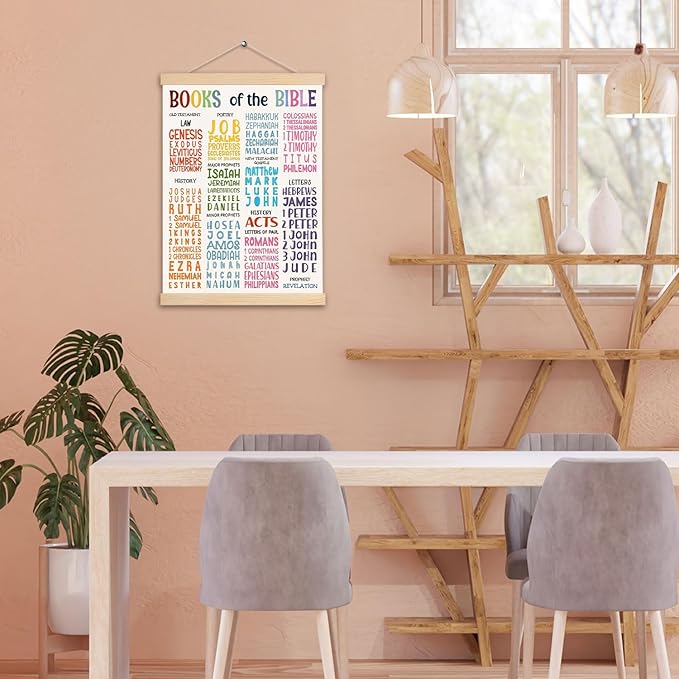 Christian Wall Decor, Books of the Bible Wall Art With Wooden Poster Hanger, Christian Educational Bible Verses Wall Art Decor for Bedroom Classroom Church Christian Homeschool, 12.5x17 Inch