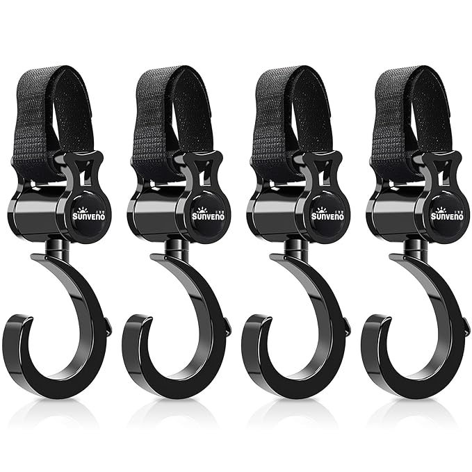 SUNVENO Stroller Hooks for Diaper Bag 4 Pack, Baby Travel Essential Heavy Duty 360° Rotating Clips, Universal Stroller Accessories for Wagons, Strollers, Carts and Bikes, Holds 10 lbs Each