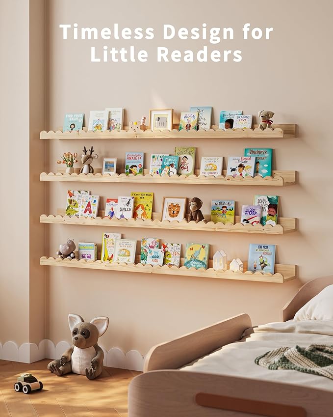 Shario Nursery Book Shelves, 4-Pack White Floating Shelves for Wall Kids, Scalloped Shelves, Wall Book Shelves for Bedroom Kids, Toddler Room, Baby Room, Nursery Decor (Wood, 47.2 Inches)