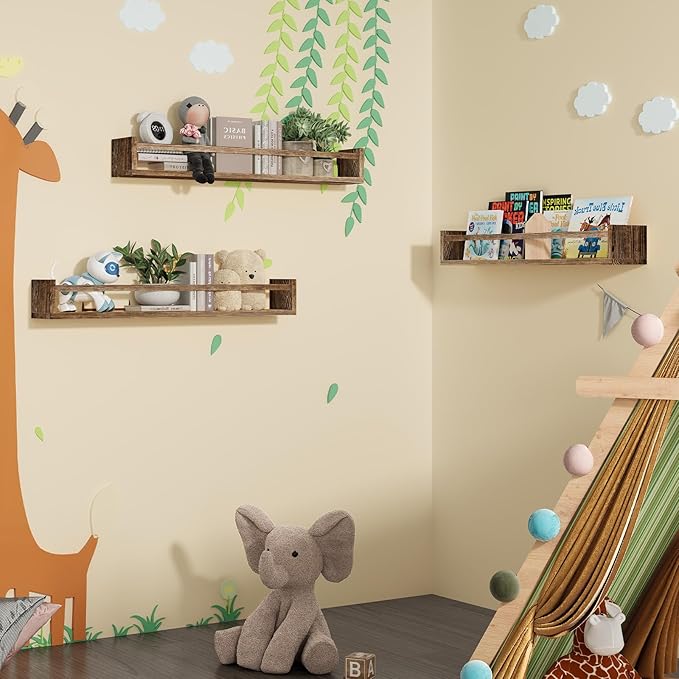 Fixwal Nursery Book Shelves for Kids Rooms, 23.6 Inch Floating Bookshelves for Wall Set of 3, Baby Nursery Decor, Solid Wood Wall Mounted Shelves for Books (Brown)