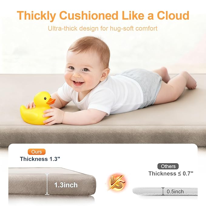 Ultra Soft Baby Play Mat for Floor, 59"×39" Playpen Mat, 1.3" Thick Memory Foam, Non-Slip Tummy Time Mat for Infants, Toddlers, and Kids – Water-Repellent Coral Velvet, Easy Care