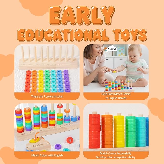 Wooden Color Sorting Stacking Toys, Montessori Toys Rainbow Rings Game, Wooden Sorting & Stacking Toys for Toddlers, Color Recognition Sensory Toy Educational for Ages 3 and Up Boys Girls Gift