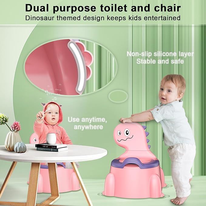 Potty Training Toilet, Toddler Potty Training Seat Baby Potty Chair, Dinosaur Toilet Potty Seat for Boys Girls Kids Toddlers, Portable Travel Potty with lid,Urinal, Splash Guard, Non-Slip Pad(Pink)