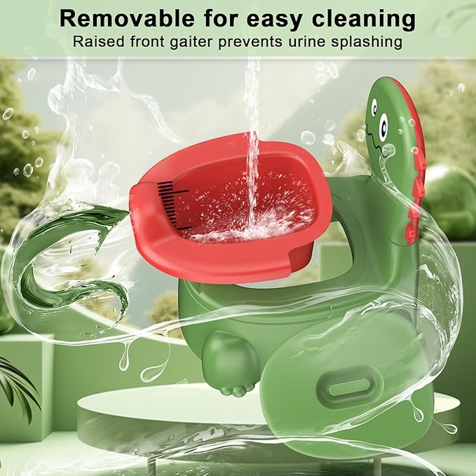Potty Training Toilet Seat - Dinosaur Design, Portable Travel Potty with Lid, Urinal, Splash Guard, Non-Slip Pad (Green)