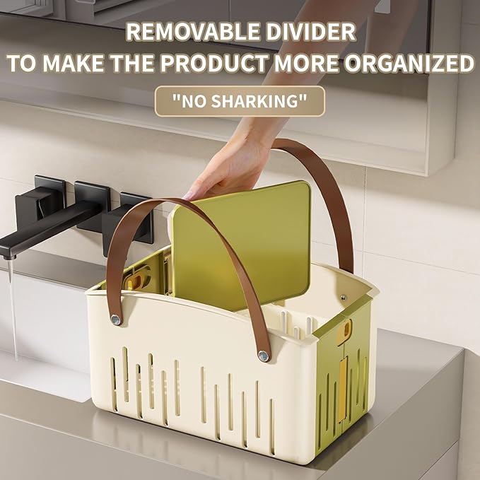 Portable Shower Caddy,Foldable Shower Caddy with Handle and Adjustable Divider,Plastic Shower Storage Basket,Quick Dry Bathroom Shower Organizer Bin for College,Dorm Room,Travel Essentials (Green)