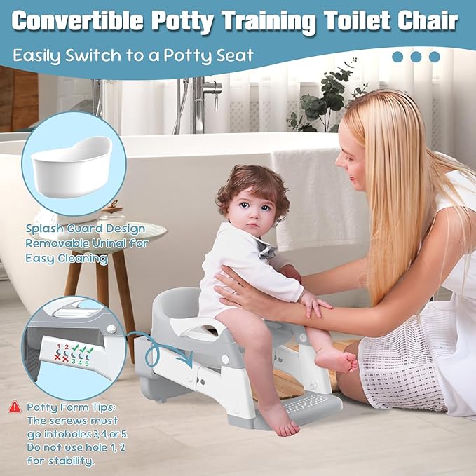 Potty Training Seat, Toddler Potty Training Toilet with Step Stool Ladder for Kids Boys Girls, 3 in 1 Foldable Toilet Seat Potty Chair with Urinals, Splash Guard, Handles, Anti-Slip Pad,Grey