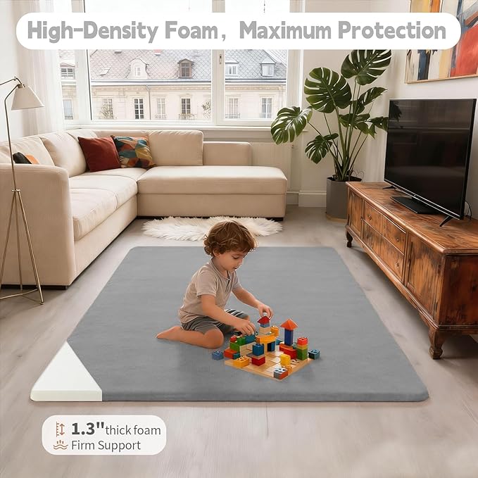 Velvet Baby Play Mat for Floor, 1.3" Thick Elasti-Foam 74"×50" Playpen Mat with Removable & Washable Velvet Cover for Toddler, Infant,Kids, Non-Slip Crawling Mat for Tummy Time (Grey)