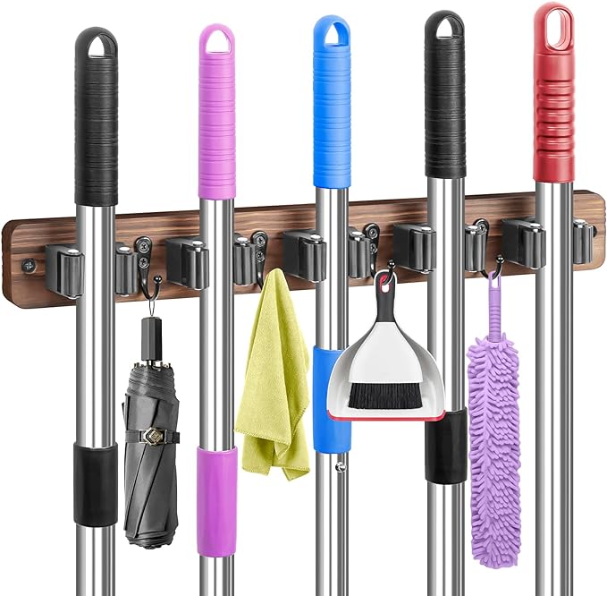 IMILLET Broom Holder Wall Mount, Rustic Wood Broom Hanger with 5 Racks and 4 Hooks, Laundry Room Organization and Storage, Mop Holder for Home Decor, Garden, Garage, Kitchen, Closet